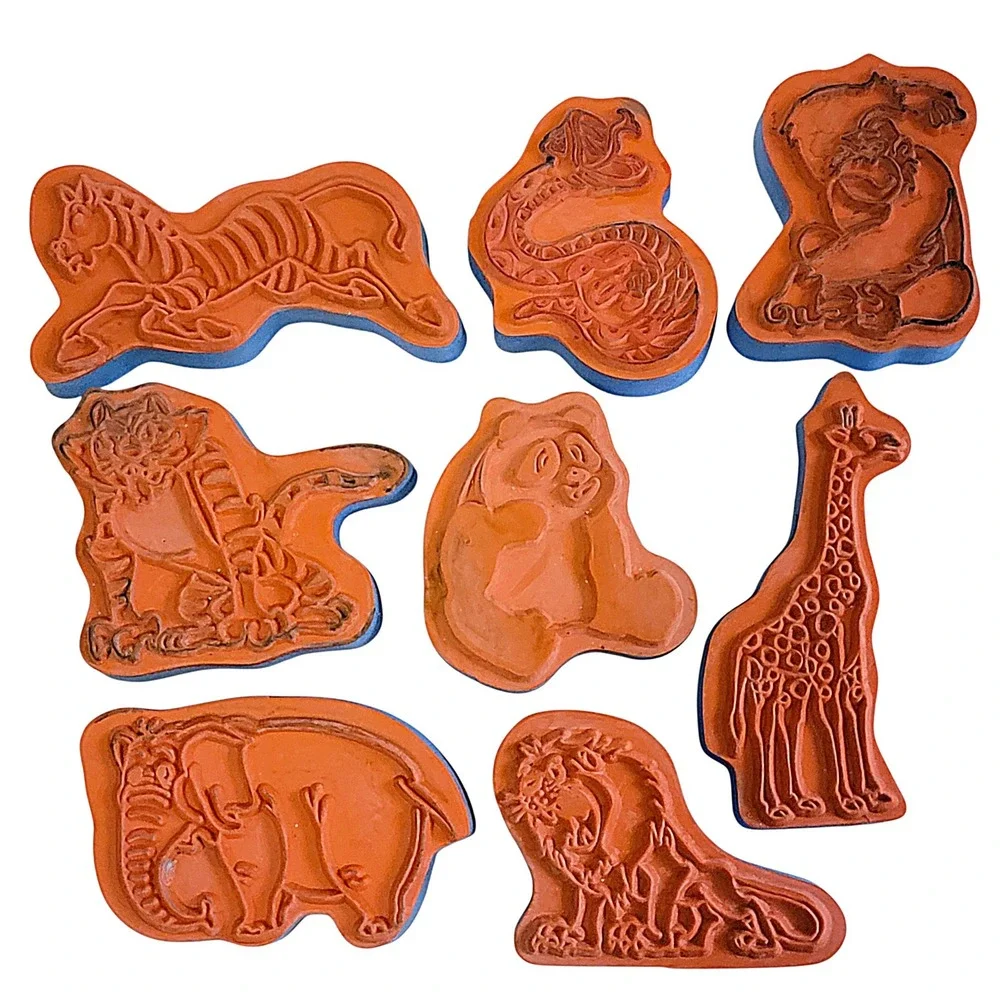 VTG Zoo Animal Rubber Stamp Set 8 Pc Foam Zebra Giraffe‎ Elephant Lion Gorilla